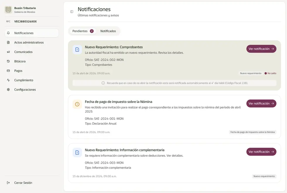 Panel de notificaciones del Buzón Tributario Estatal